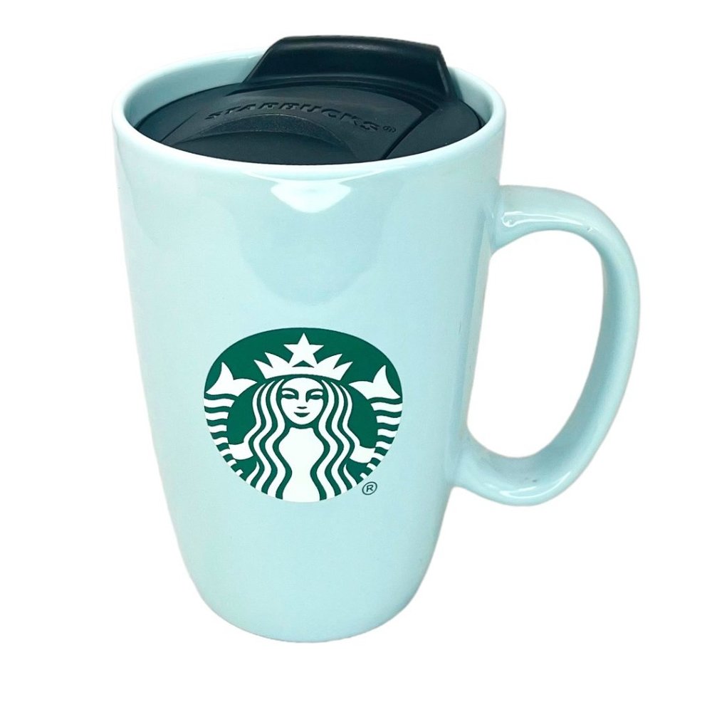 Starbucks 12 oz Ceramic Lights Blue Coffee Mug With Lid